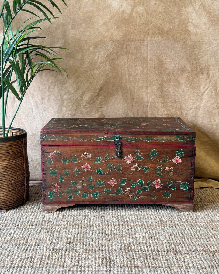 Vintage Hand-Painted Teak Storage Chest – Floral Motifs with Metal Clasp
