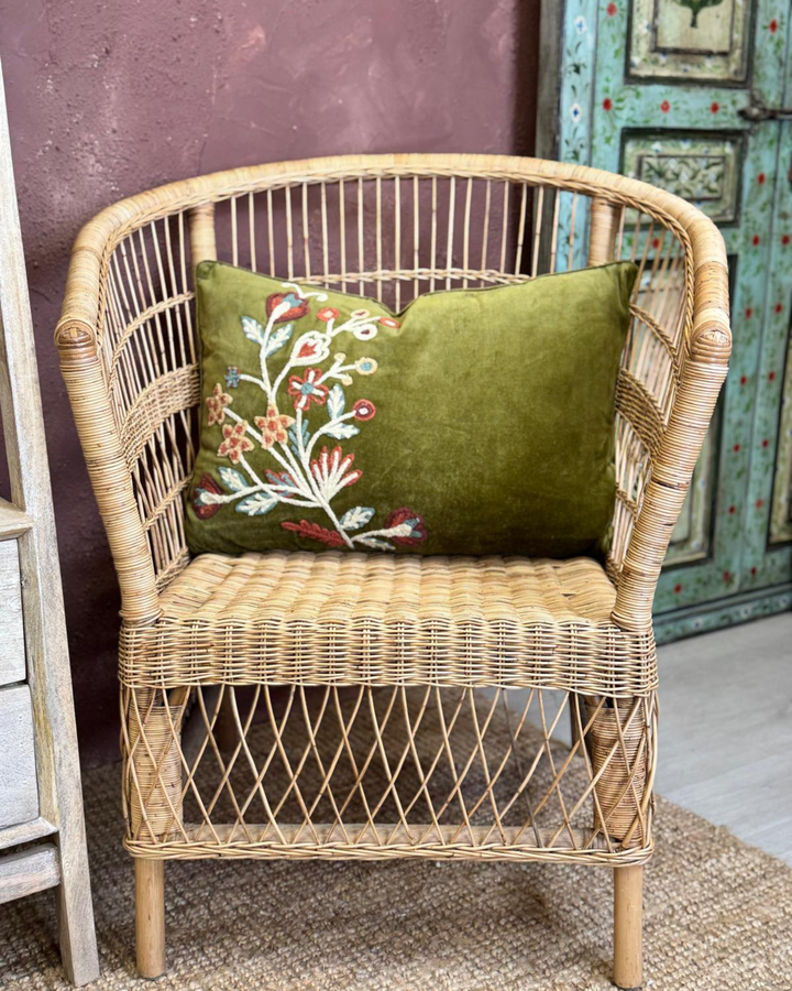 Embroidered Velvet Cushion Cover – Olive Green with Vintage Floral Detail (40x60cm)
