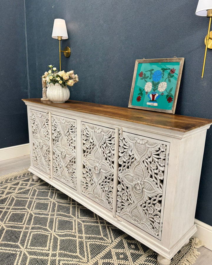 Hand-Carved Mango Wood Sideboard – Whitewashed with Polished Top