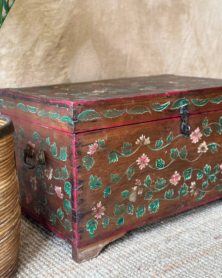 Vintage Hand-Painted Teak Storage Chest – Floral Motifs with Metal Clasp