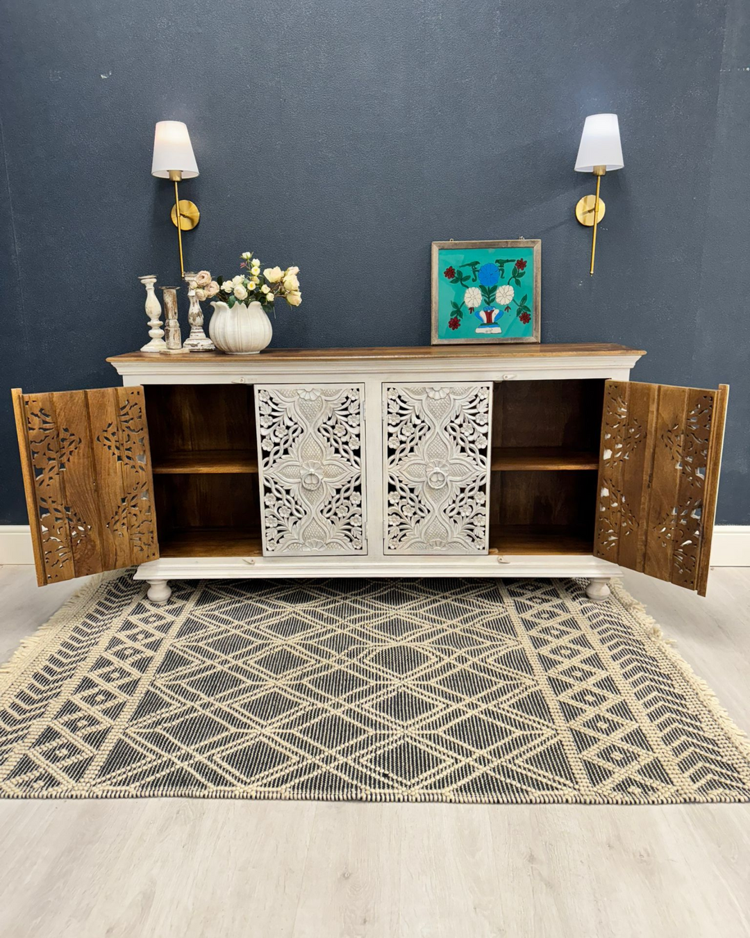 Hand-Carved Mango Wood Sideboard – Whitewashed with Polished Top