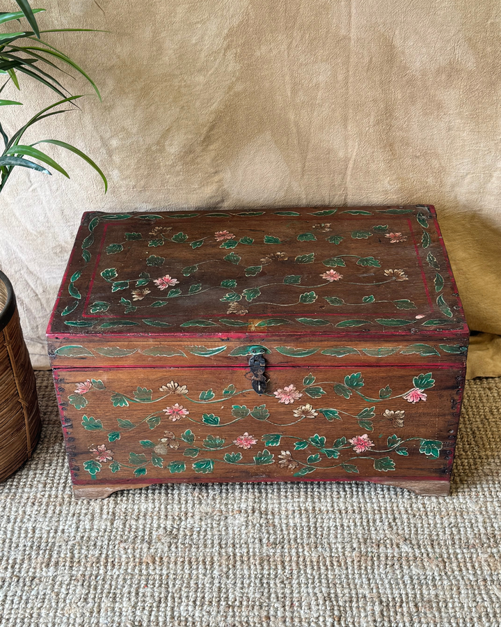 Vintage Hand-Painted Teak Storage Chest – Floral Motifs with Metal Clasp