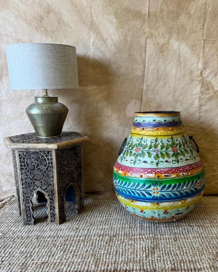 Hand-Painted Iron Pot – Turquoise Floral Design