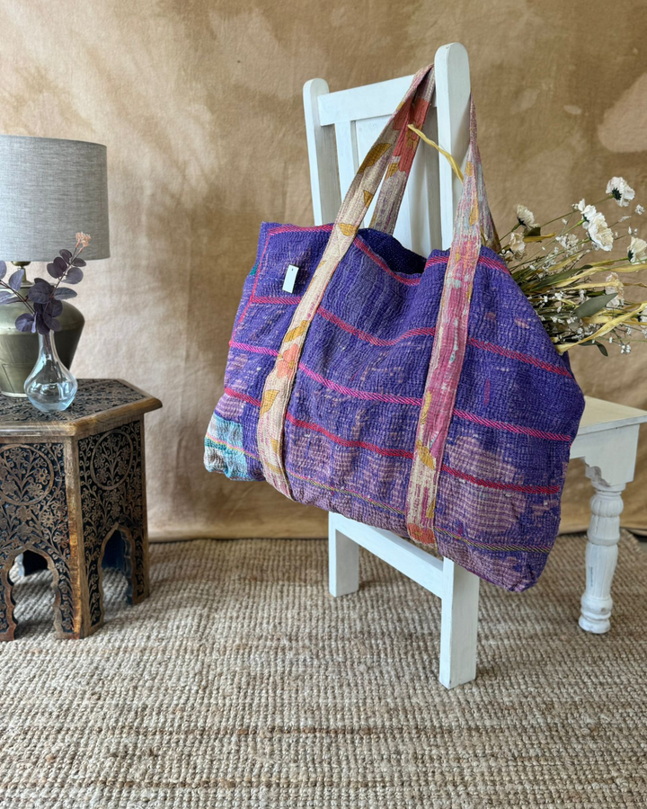 Handmade Upcycled Sari Tote Bag – Deep Purple with Floral Straps | Multi-Purpose Everyday & Beach Bag