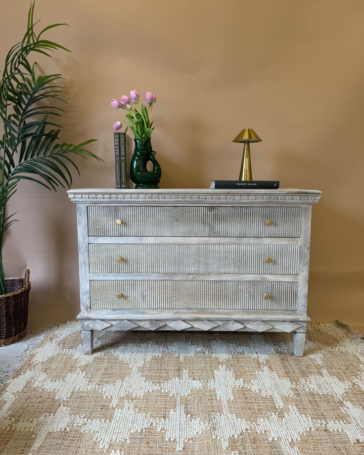 Whitewashed Mango Wood Chest of Drawers with Linear Carved Detail