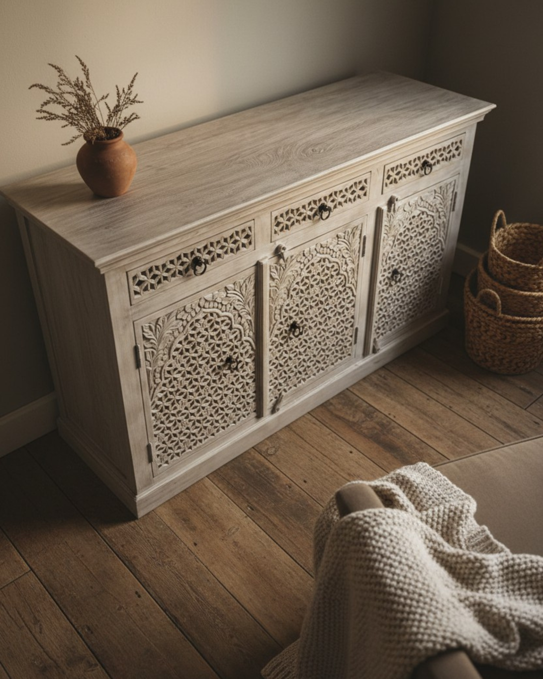 Three Door Three Drawer Mango Wood Sideboard – Creamwashed Jali Design