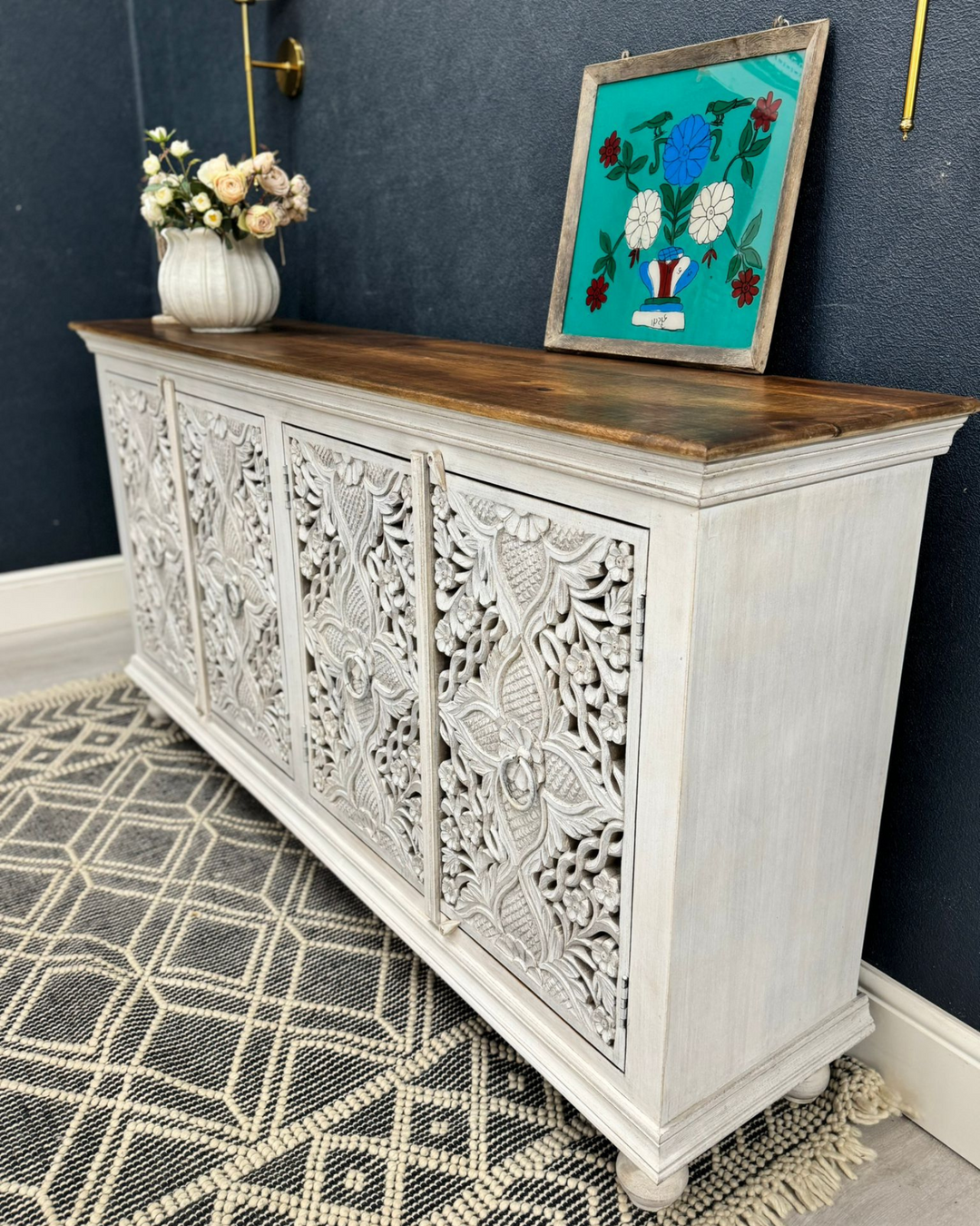 Hand-Carved Mango Wood Sideboard – Whitewashed with Polished Top