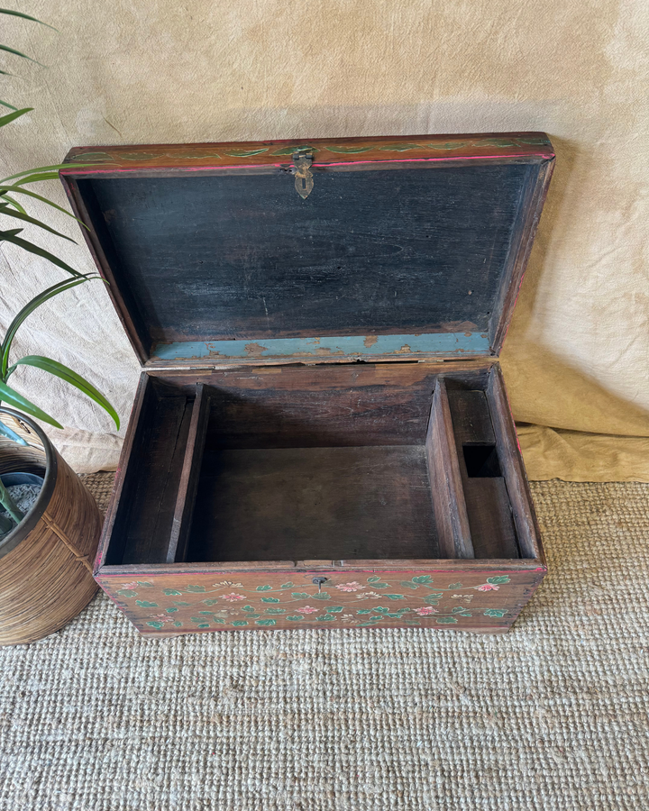 Vintage Hand-Painted Teak Storage Chest – Floral Motifs with Metal Clasp