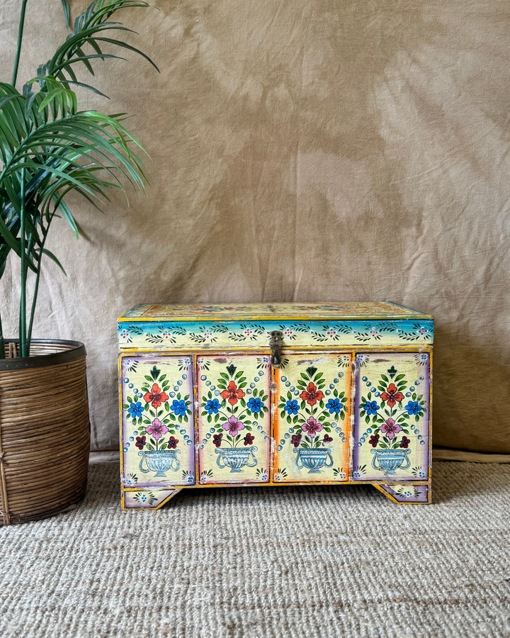Hand-Painted Teak Storage Chest – Cream Floral Motif, Vintage Reclaimed Trunk