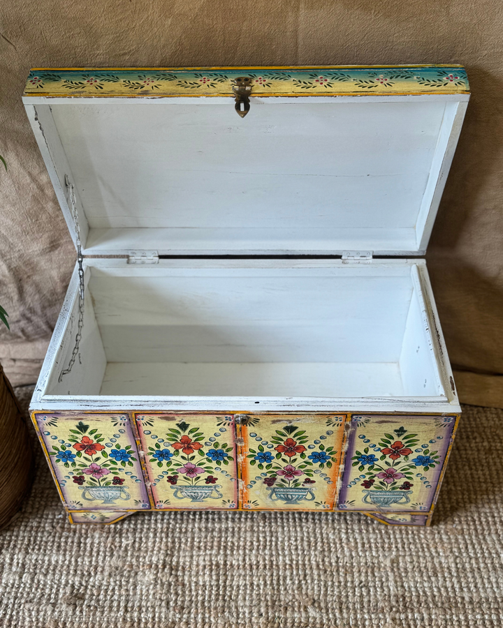 Hand-Painted Teak Storage Chest – Cream Floral Motif, Vintage Reclaimed Trunk