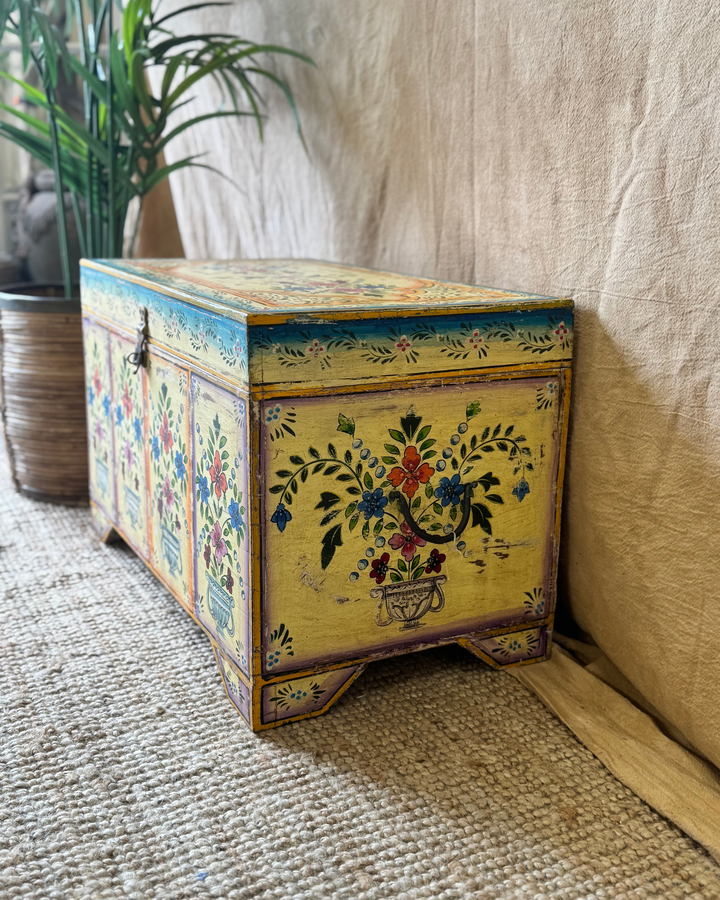 Hand-Painted Teak Storage Chest – Cream Floral Motif, Vintage Reclaimed Trunk