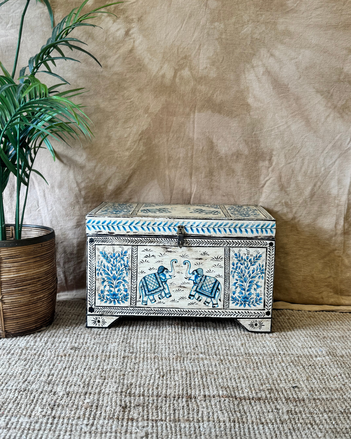 Hand-Painted Teak Storage Chest – Cream & Blue with Elephant Motif