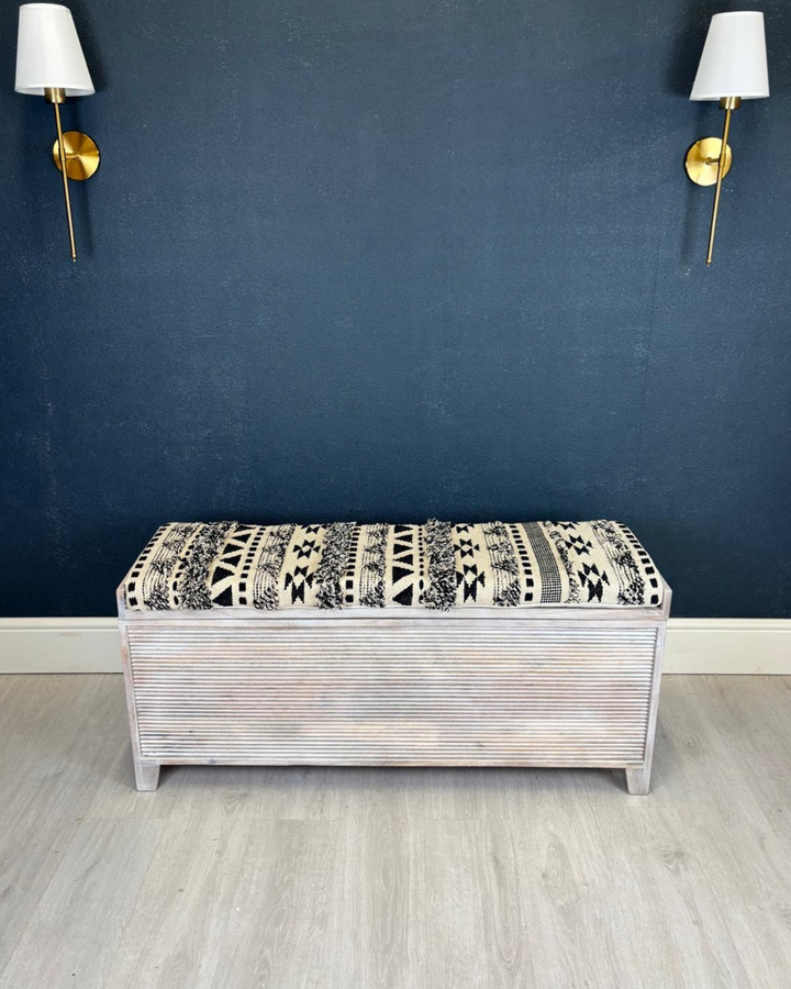 Mango Wood & Woven Cotton Ottoman Storage Bench