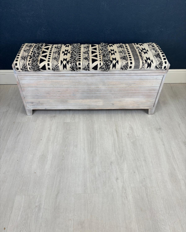 Mango Wood & Woven Cotton Ottoman Storage Bench