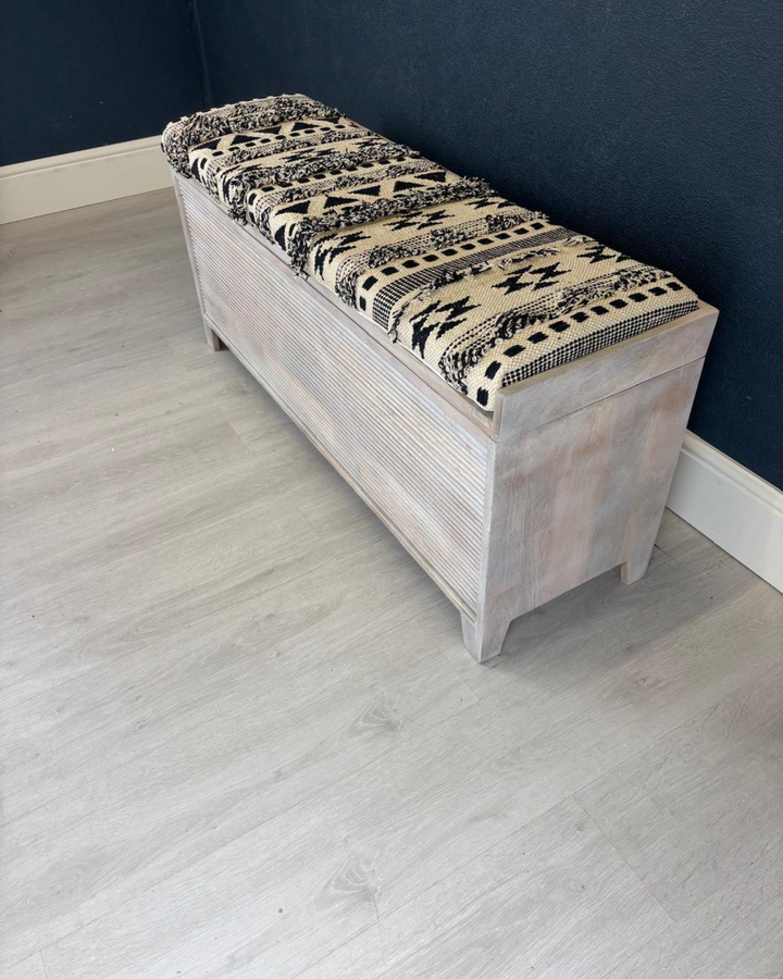 Mango Wood & Woven Cotton Ottoman Storage Bench