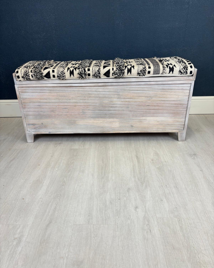 Mango Wood & Woven Cotton Ottoman Storage Bench