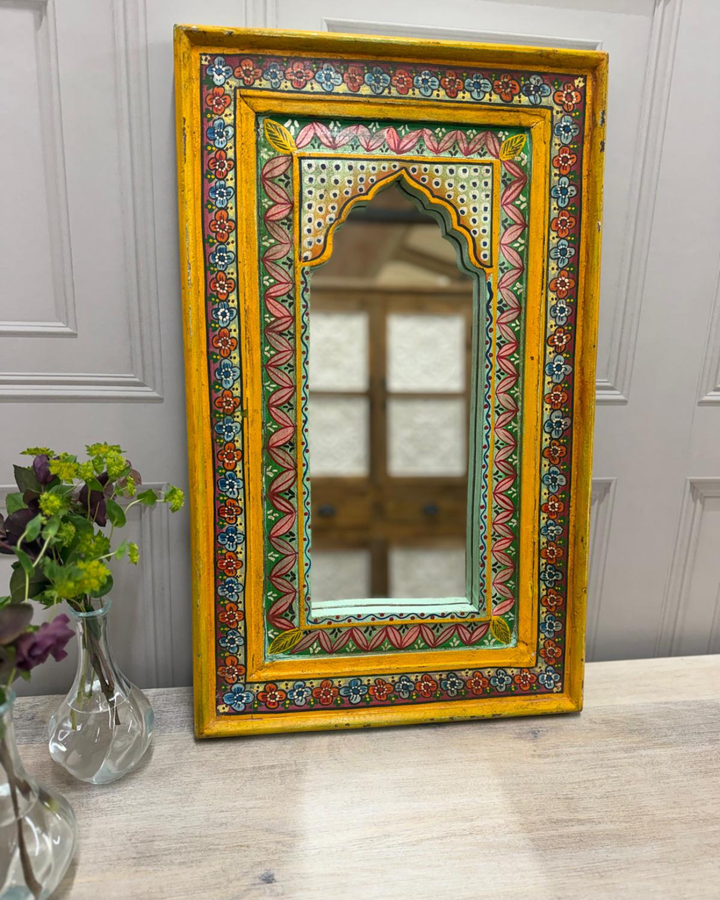 Large Hand-Painted Vintage Mango Wood Mirror – Floral Arched Frame