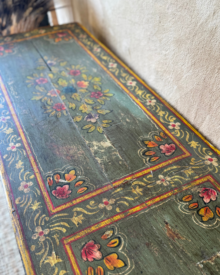 Vintage Hand-Painted Trestle Console Table – Green Floral Pattern