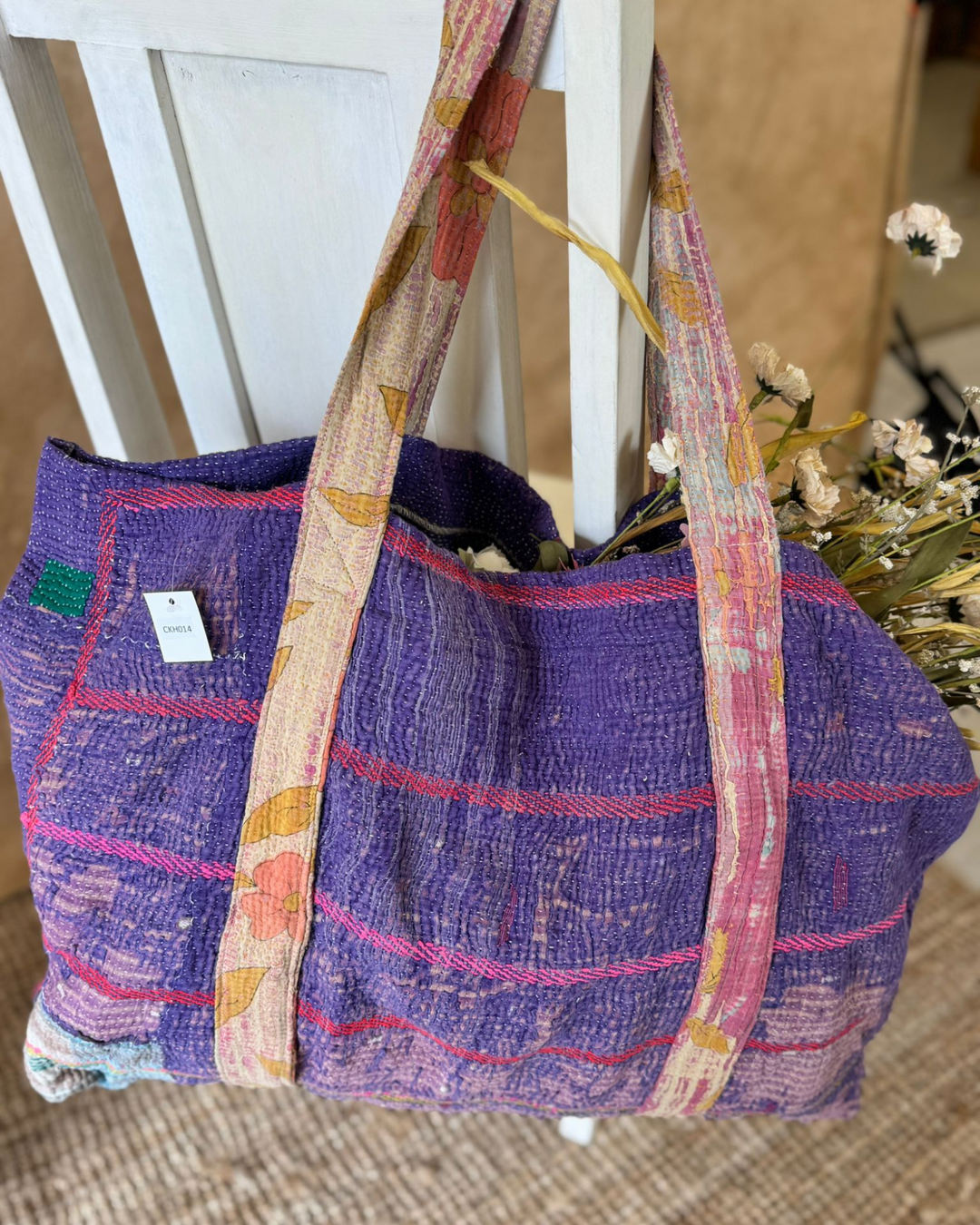 Handmade Upcycled Sari Tote Bag – Deep Purple with Floral Straps | Multi-Purpose Everyday & Beach Bag
