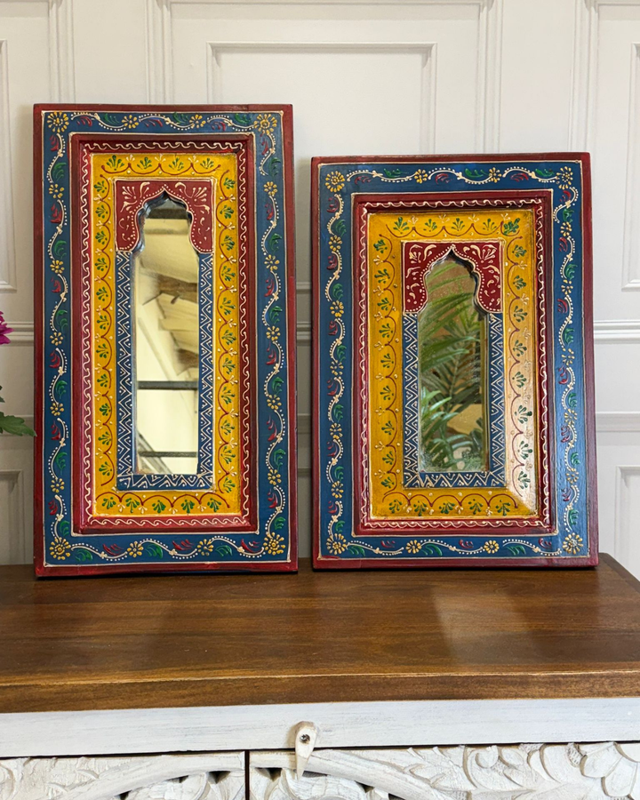 Pair of Hand-Painted Vintage Mango Wood Mirrors – Multicolour Arched Design