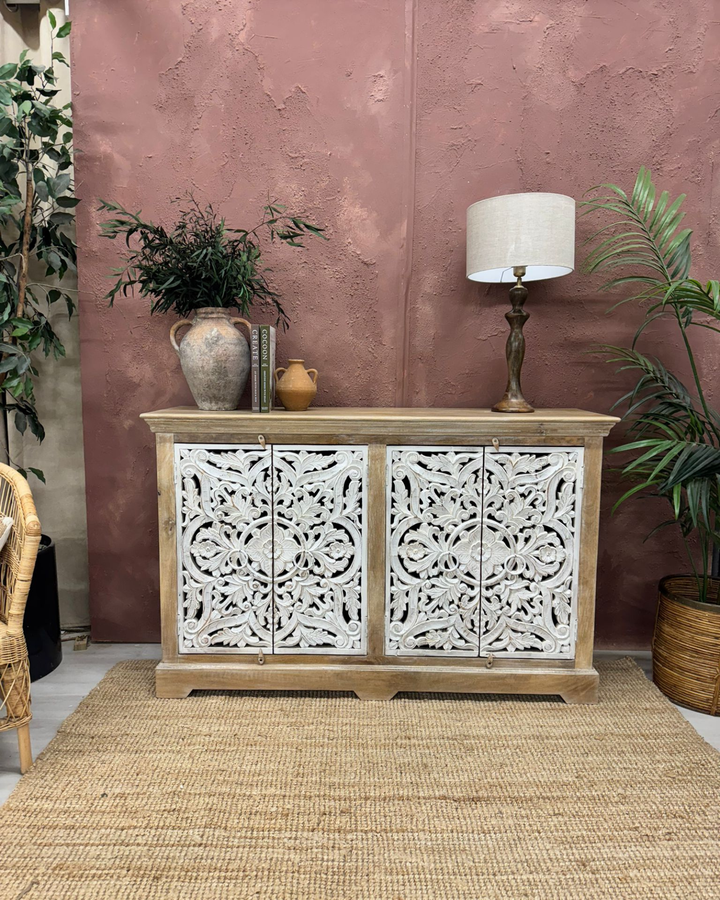 Hand-Carved Mango Wood Sideboard – Whitewashed Doors, Natural Mango Wood Finish