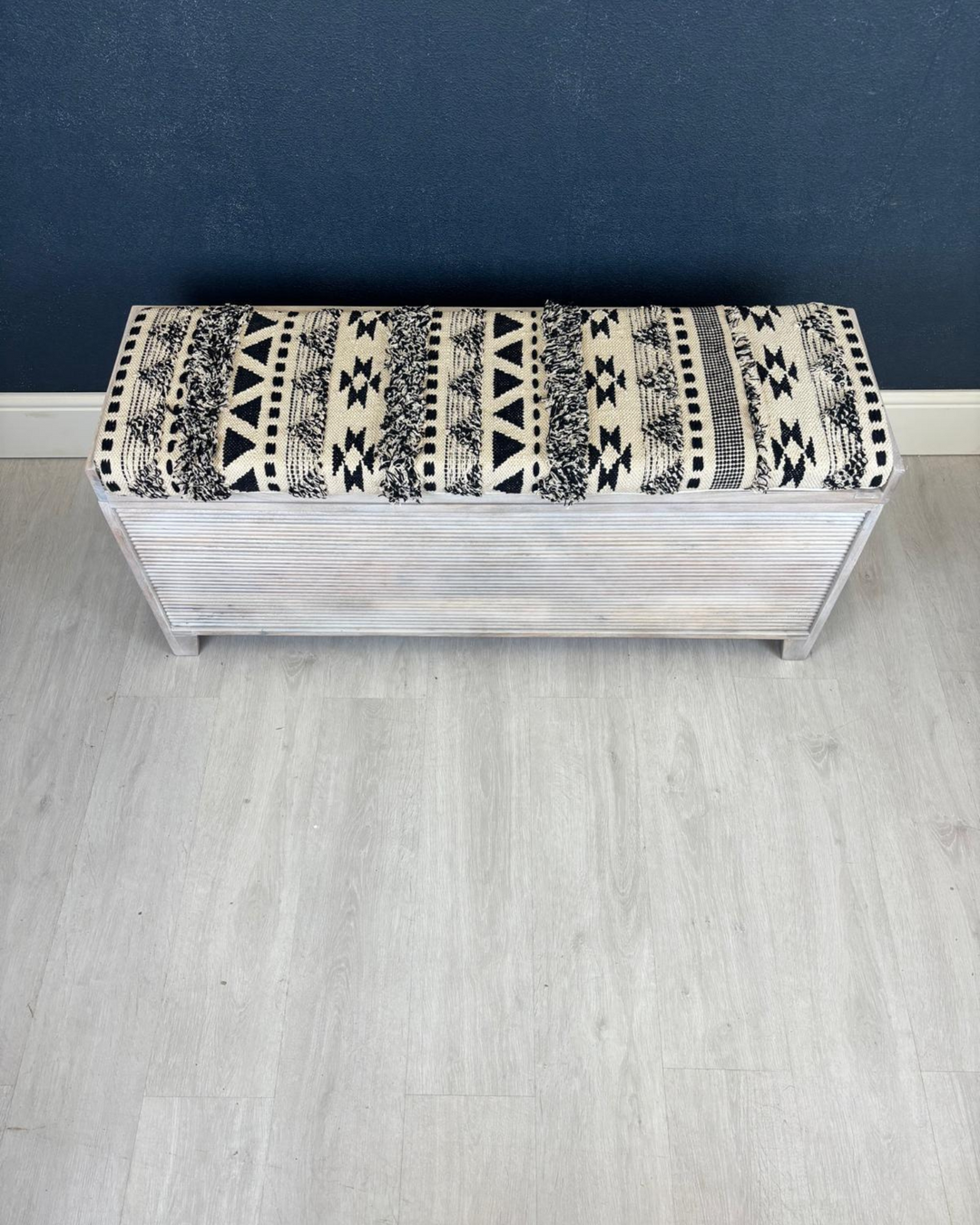 Mango Wood & Woven Cotton Ottoman Storage Bench