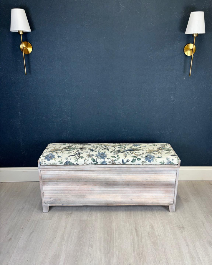 Mango Wood & Floral Cotton Ottoman Storage Bench