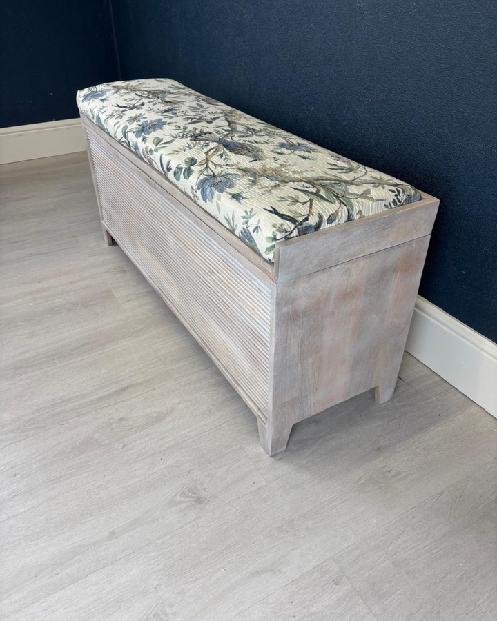 Mango Wood & Floral Cotton Ottoman Storage Bench