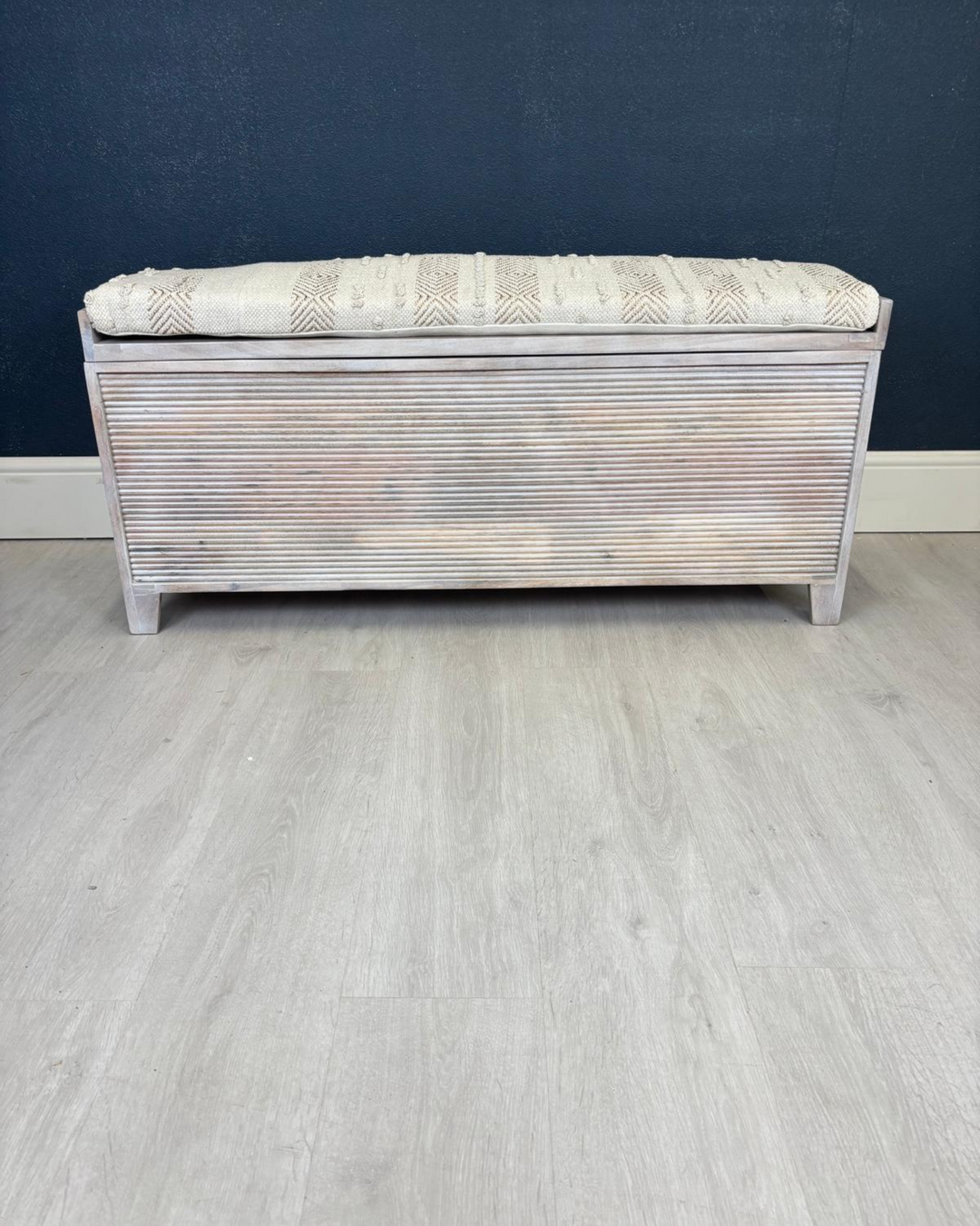 Mango Wood & Handwoven Geometric Cotton Ottoman Storage Bench