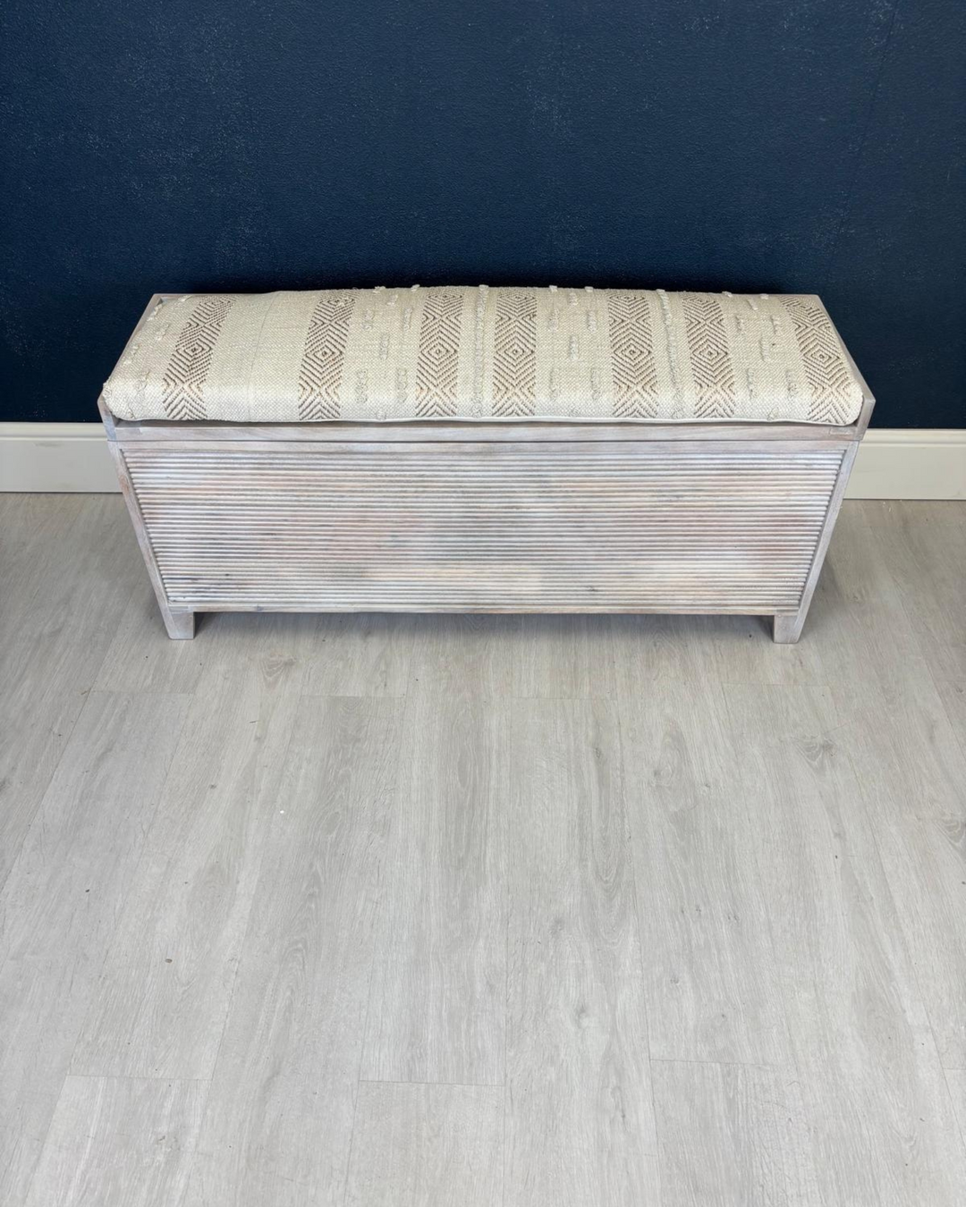 Mango Wood & Handwoven Geometric Cotton Ottoman Storage Bench