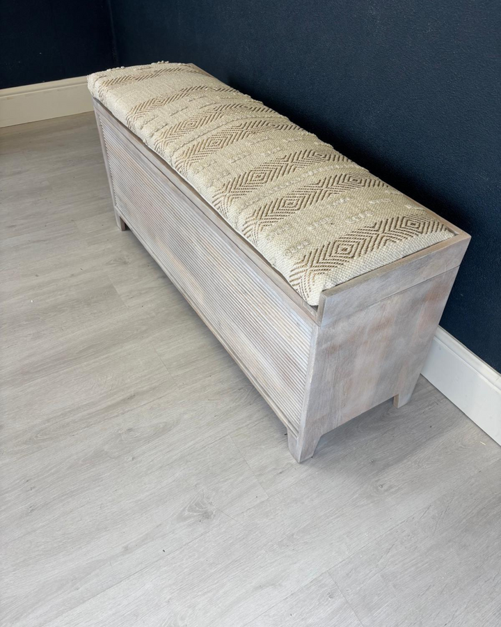 Mango Wood & Handwoven Geometric Cotton Ottoman Storage Bench