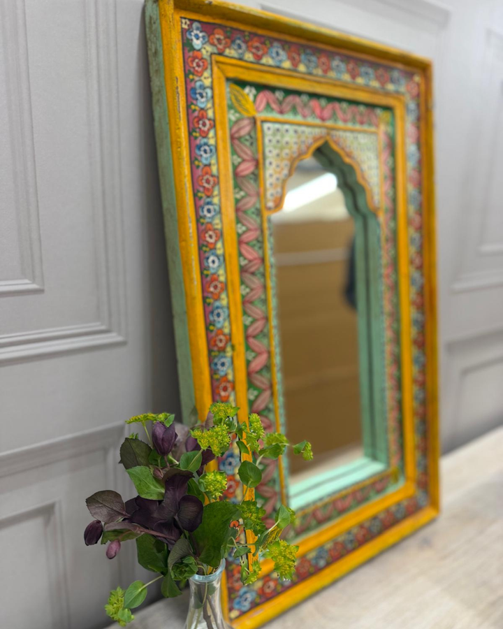 Large Hand-Painted Vintage Mango Wood Mirror – Floral Arched Frame