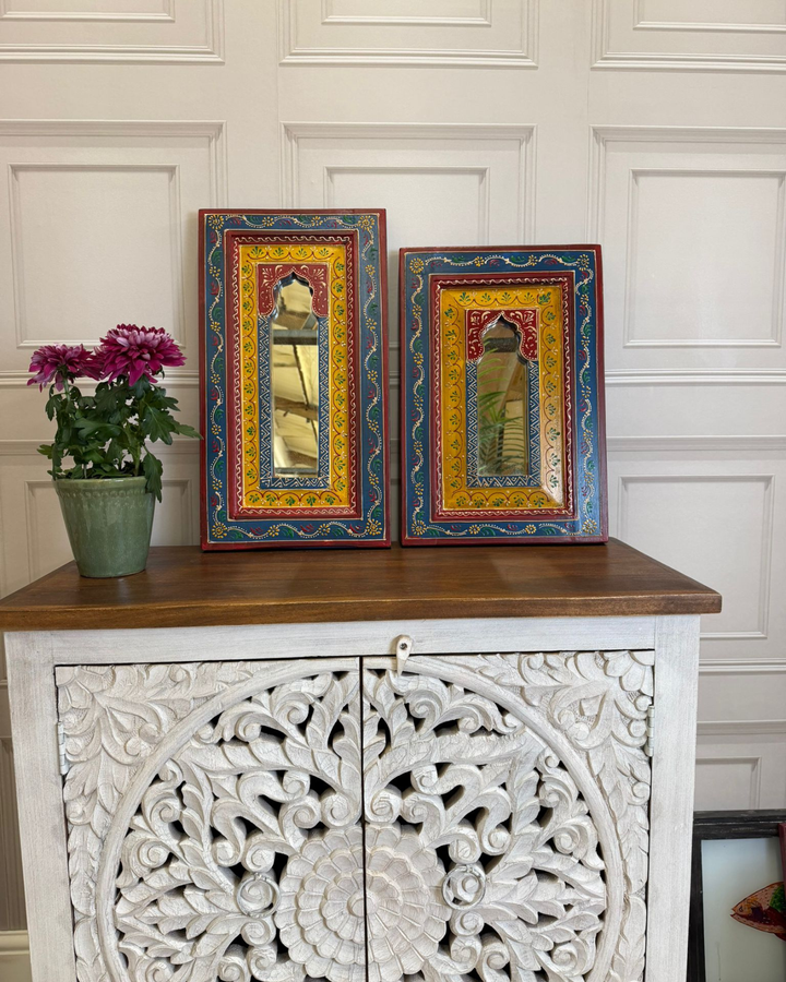 Pair of Hand-Painted Vintage Mango Wood Mirrors – Multicolour Arched Design