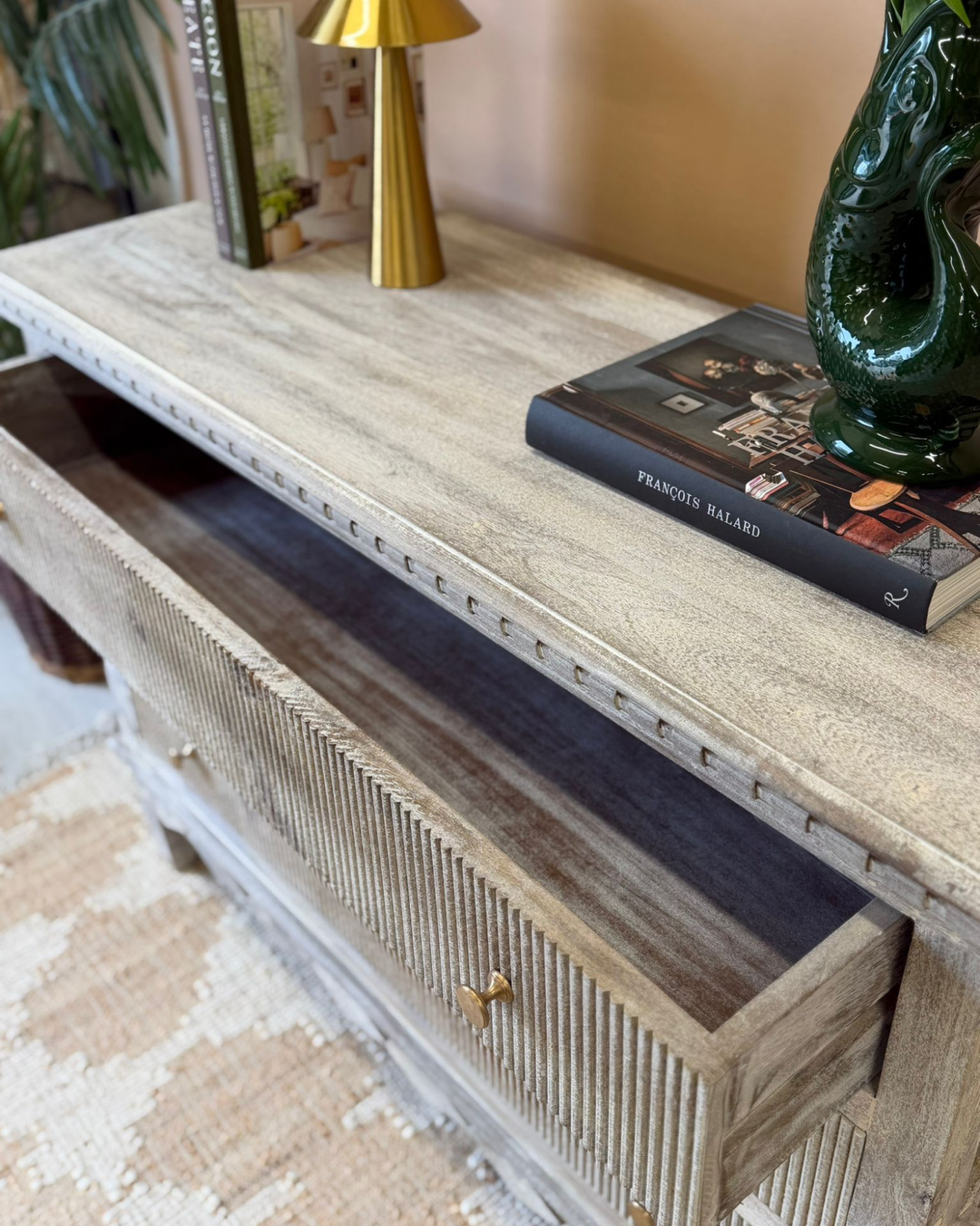 Whitewashed Mango Wood Chest of Drawers with Linear Carved Detail