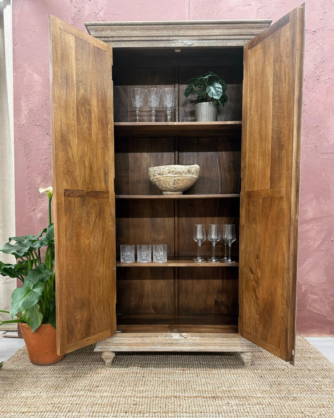 Hand Carved 2 Door Mango Wood Armoire/Cabinet