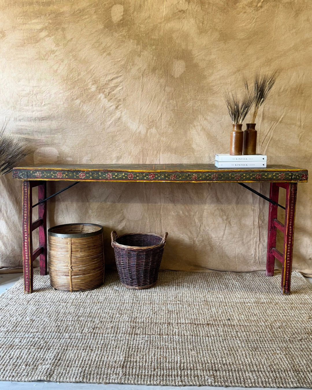 Vintage Hand-Painted Trestle Console Table – Green Floral Pattern