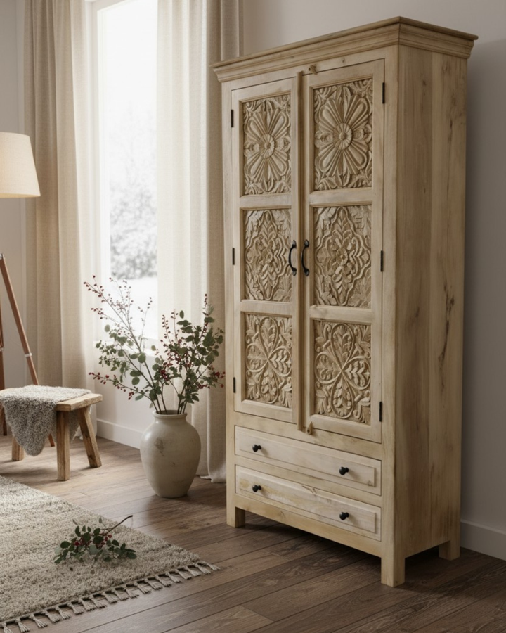 Two Door Two Drawer Mango Wood Wardrobe – Light Natural Finish