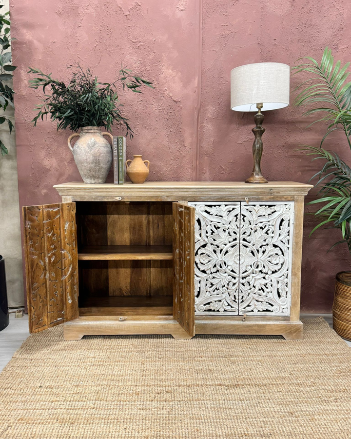 Hand-Carved Mango Wood Sideboard – Whitewashed Doors, Natural Mango Wood Finish