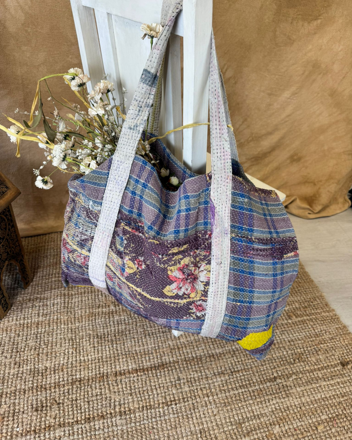 Handmade Upcycled Sari Tote Bag – Blue Check & Floral | Multi-Purpose Everyday & Beach Bag
