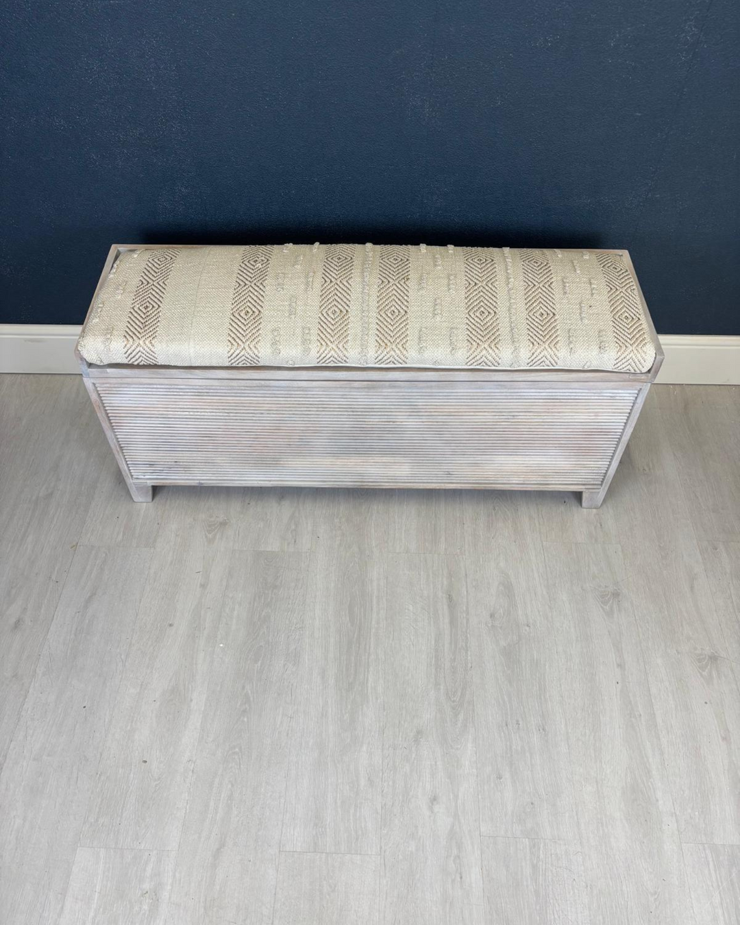 Mango Wood & Handwoven Geometric Cotton Ottoman Storage Bench