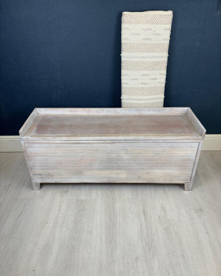 Mango Wood & Handwoven Geometric Cotton Ottoman Storage Bench