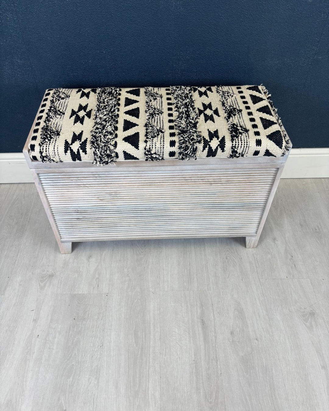 Small Mango Wood & Woven Cotton Ottoman Storage Bench