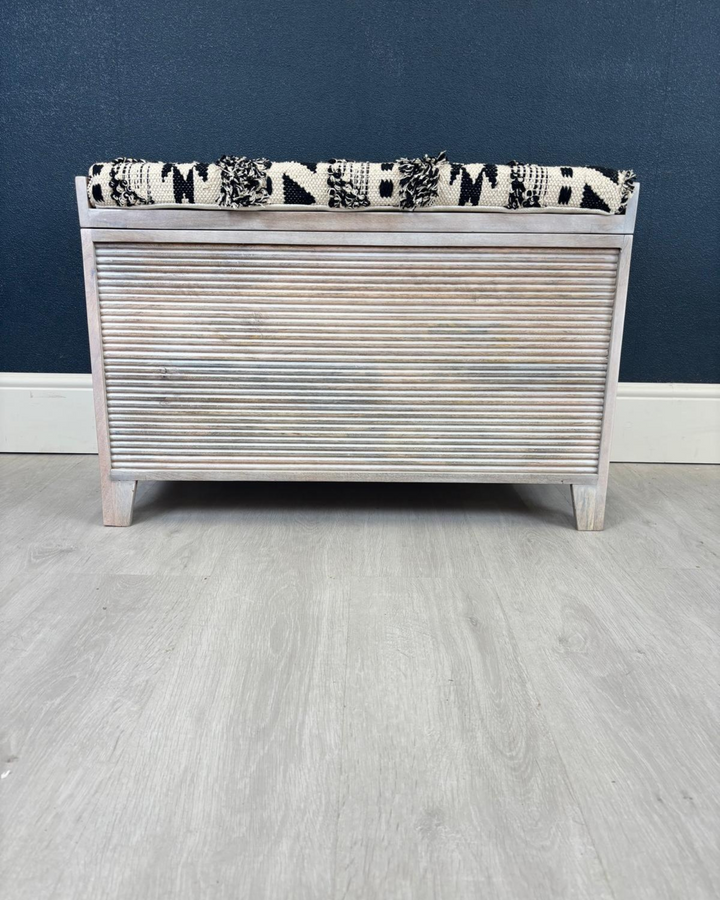 Small Mango Wood & Woven Cotton Ottoman Storage Bench