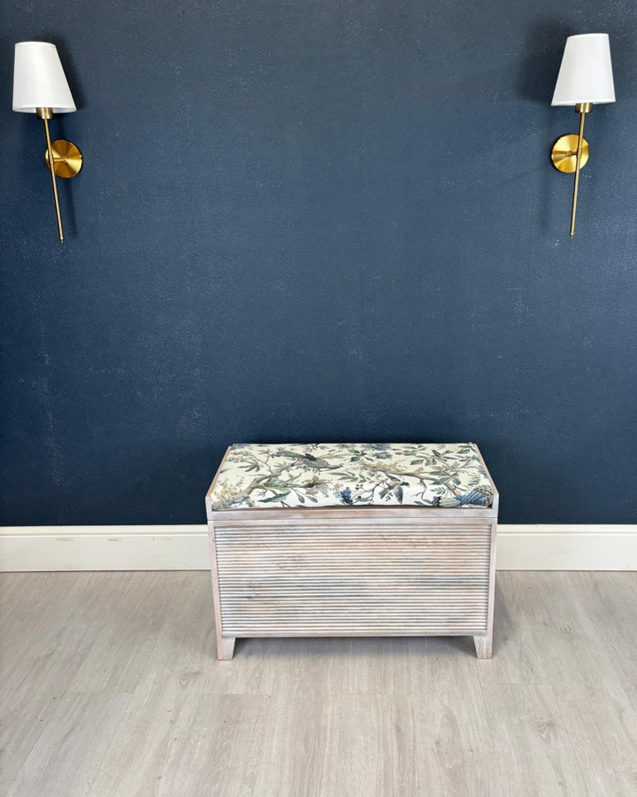 Small Mango Wood & Floral Cotton Ottoman Storage Bench