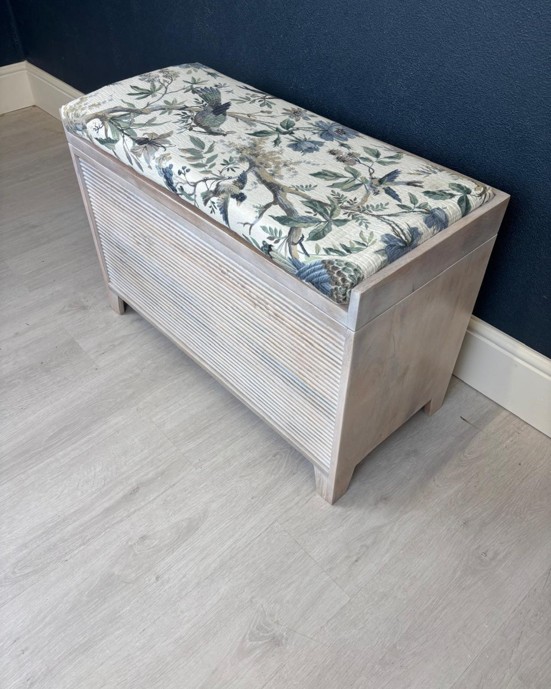 Small Mango Wood & Floral Cotton Ottoman Storage Bench