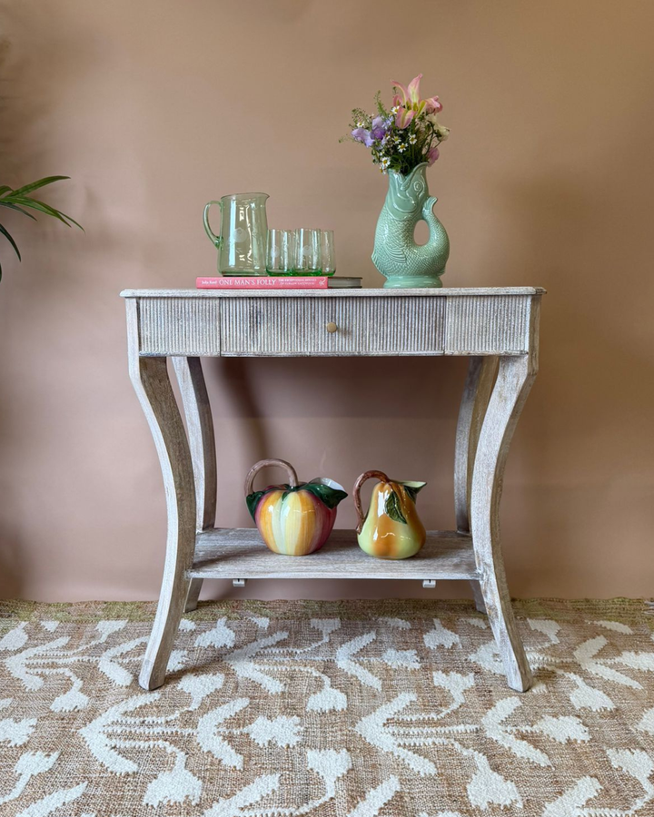 Lightly Whitewashed Mango Wood Console Table with Drawer and Shelf