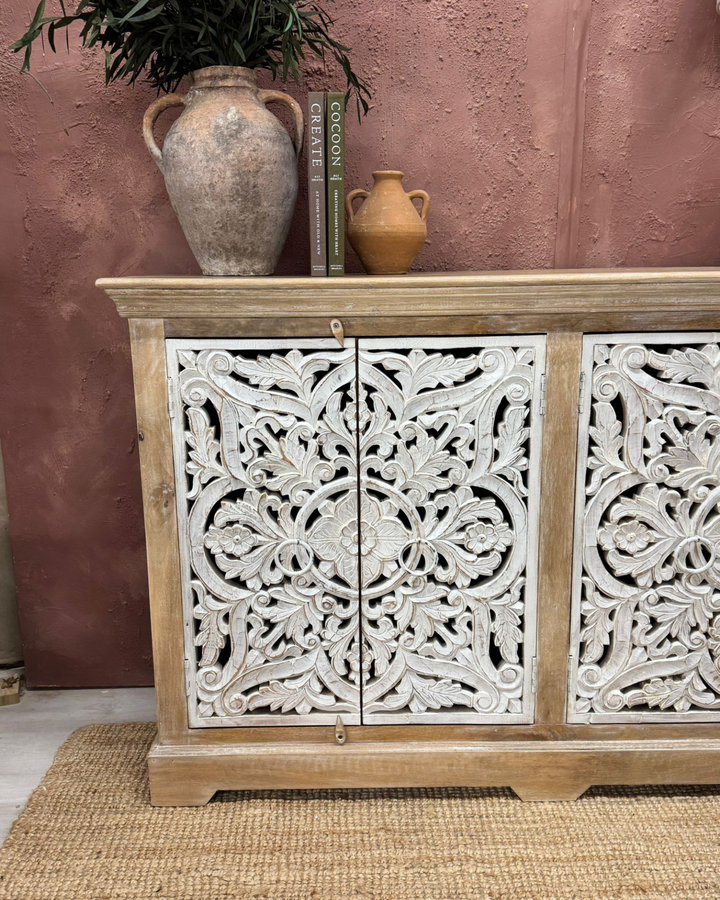 Hand-Carved Mango Wood Sideboard – Whitewashed Doors, Natural Mango Wood Finish