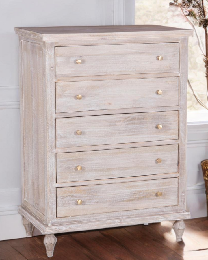 Mango Wood 5-Drawer Chest / Tallboy – Natural with Whitewashed Finish