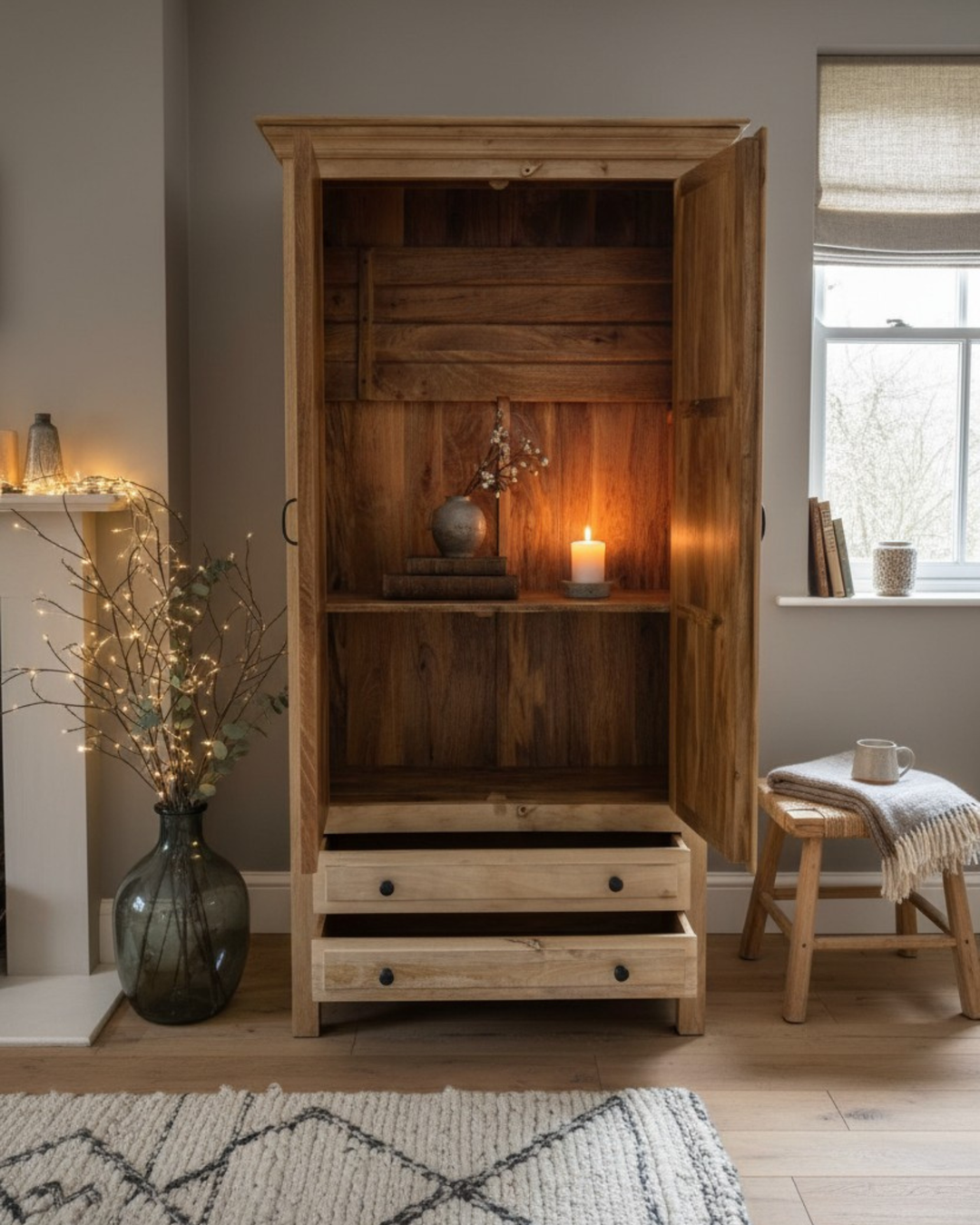 Two Door Two Drawer Mango Wood Wardrobe – Light Natural Finish