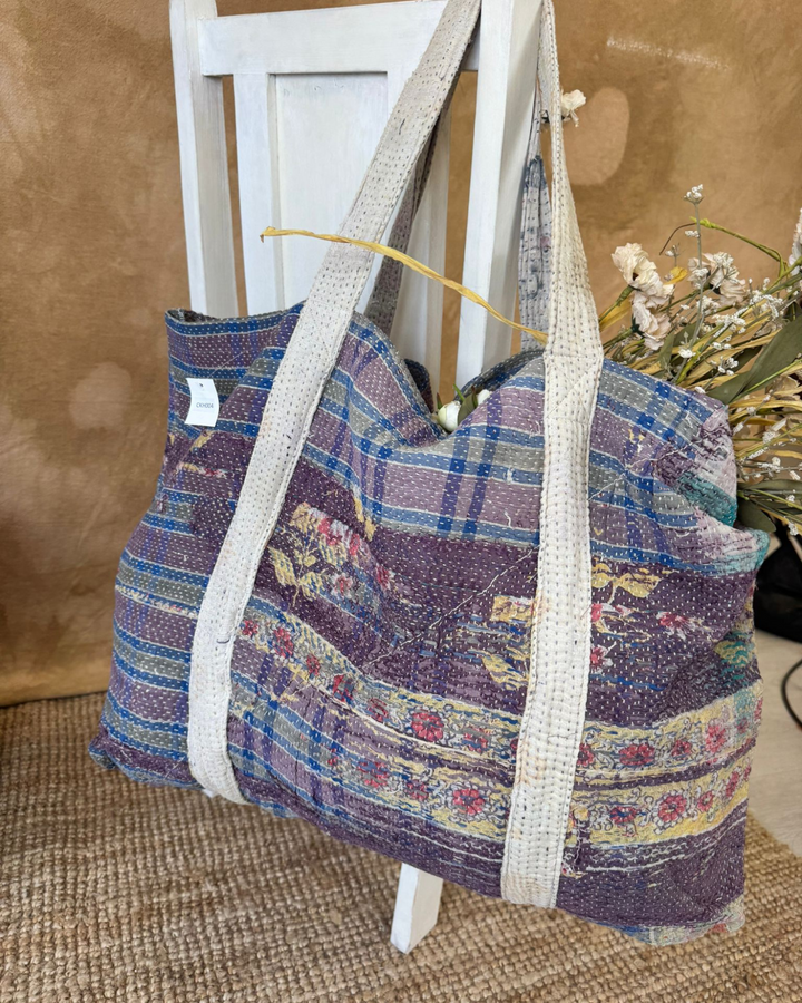 Handmade Upcycled Sari Tote Bag – Blue Check & Floral | Multi-Purpose Everyday & Beach Bag
